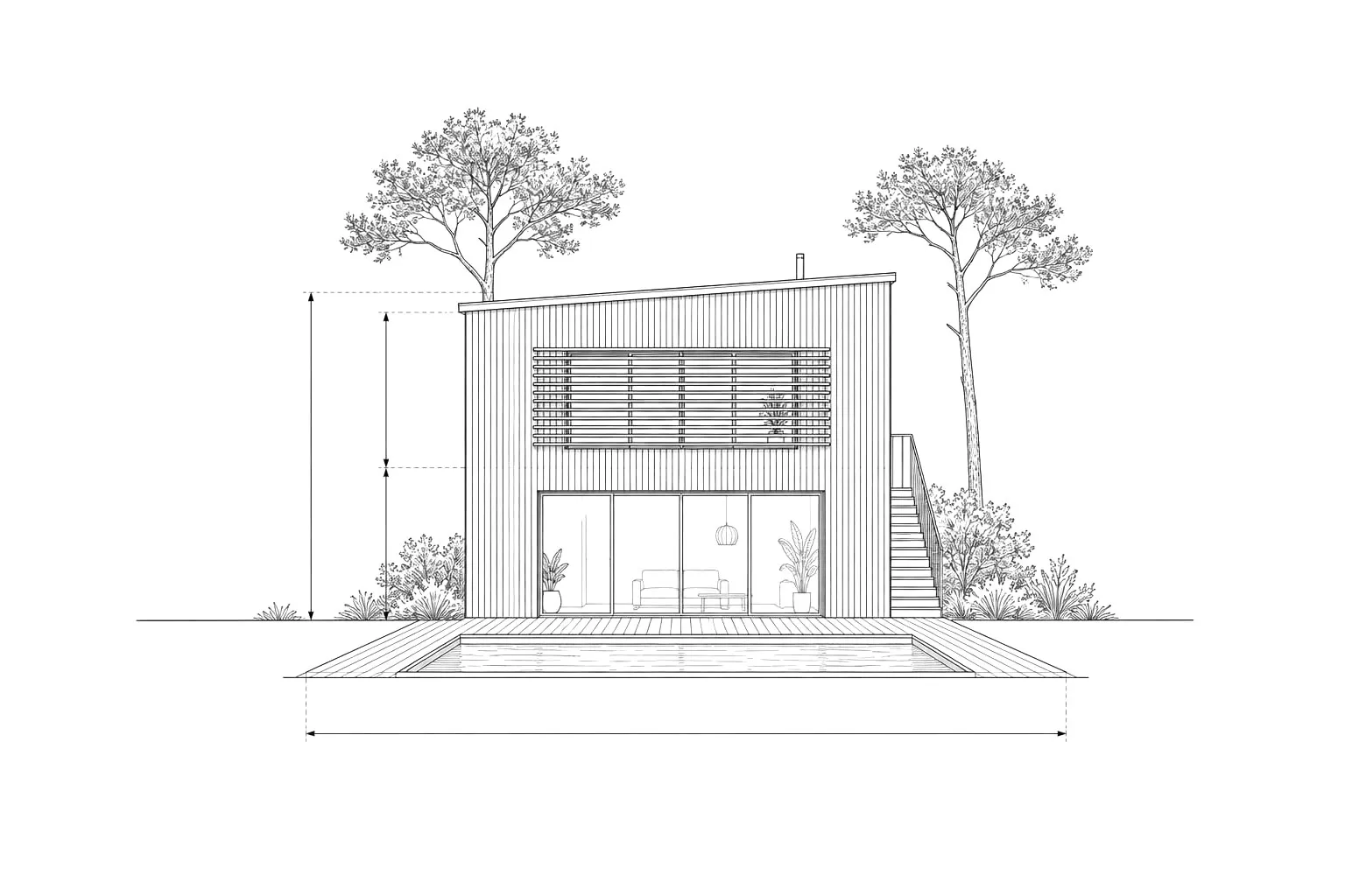 Dessin d’illustration au trait : la façade d’une maison contemporaine, bardage bois et piscine, avec ses cotes