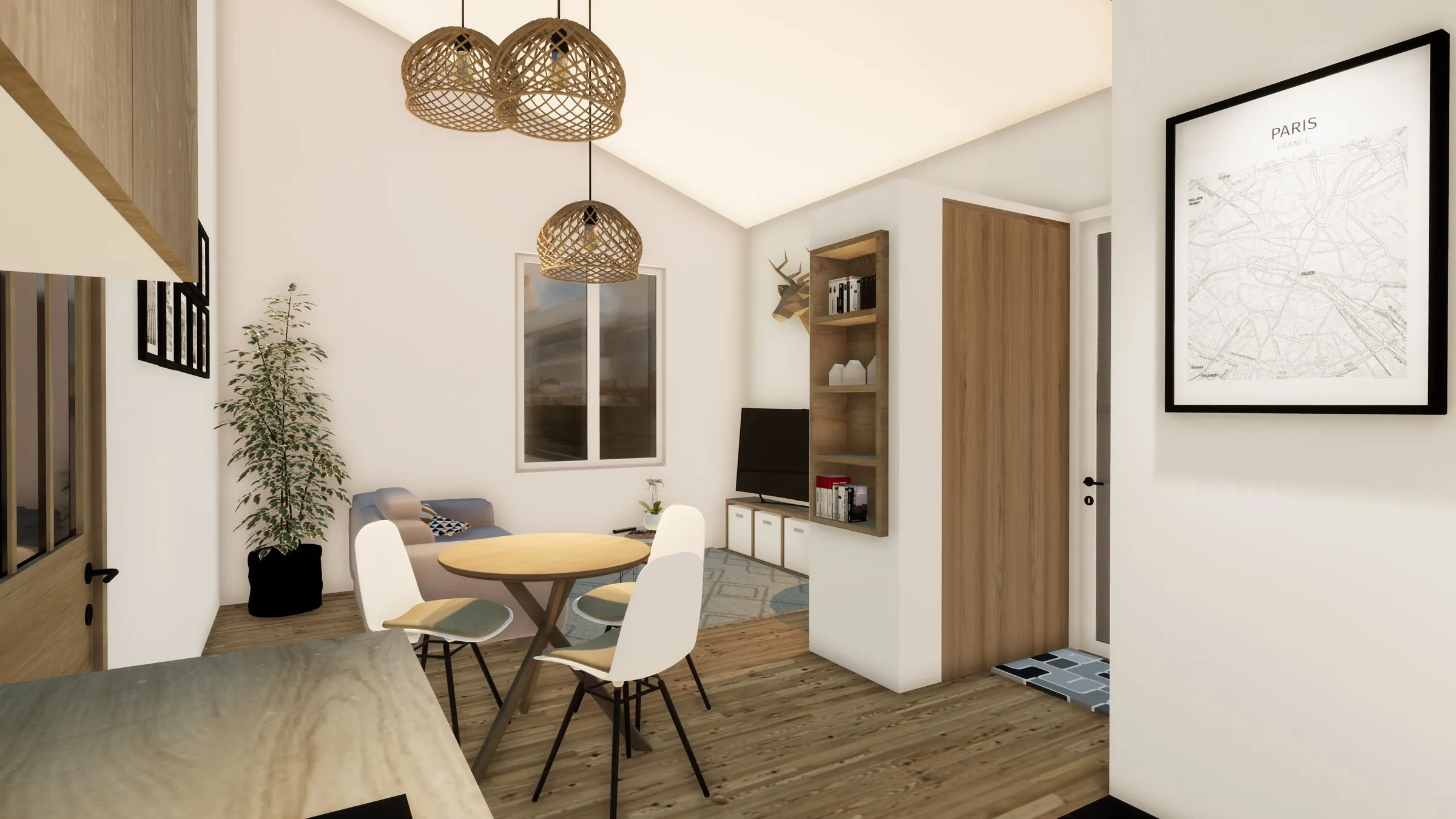 Image 3D d’un séjour d’appartement : table ronde, suspensions en rotin, parquet clair