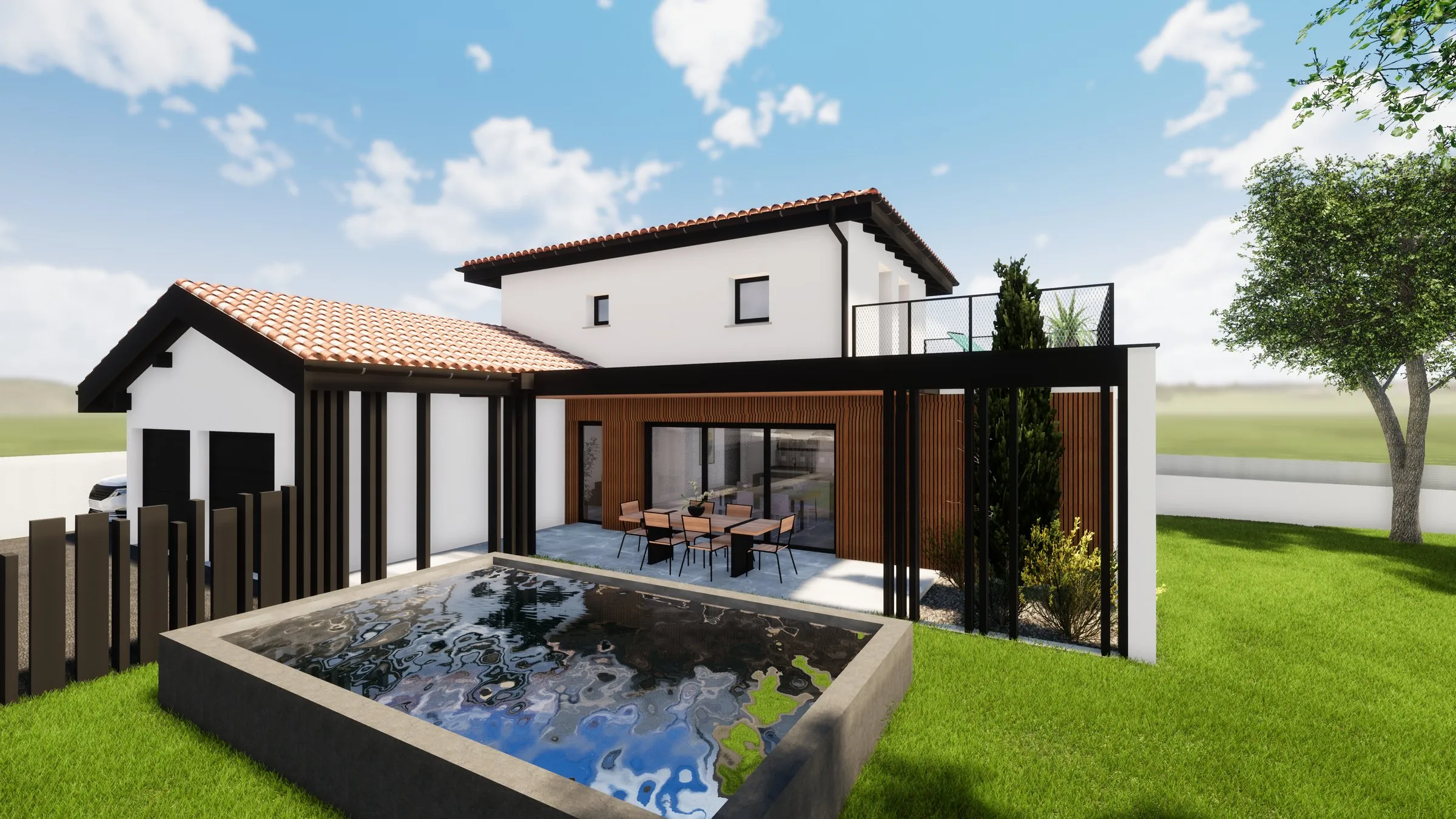 Image 3D d’une maison blanche aux tuiles rouges, avec pergola noire, terrasse et piscine