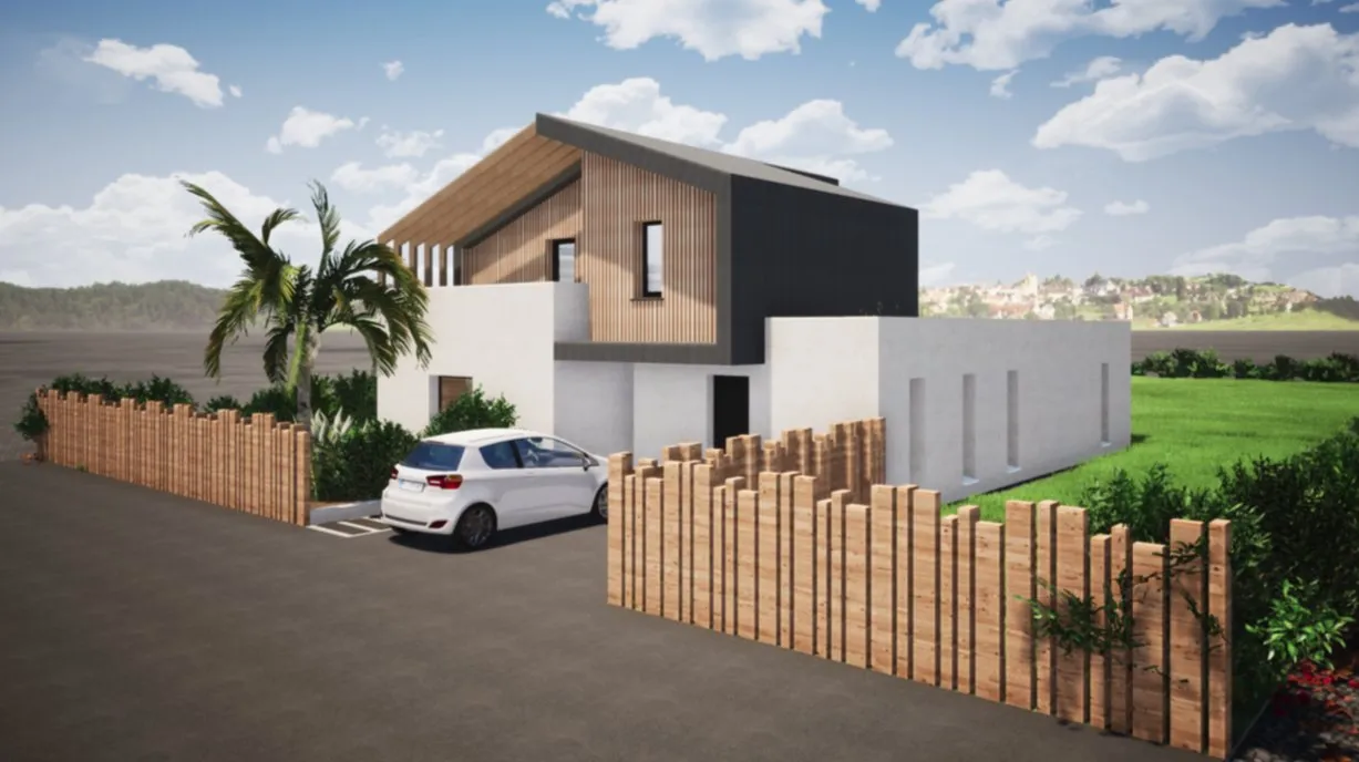 Image 3D d’une maison à étage en bardage bois et enduit blanc, derrière une clôture en piquets de bois